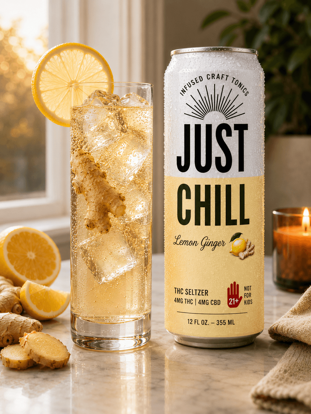 Just Chill Lemon Ginger hemp tonic can with poured glass